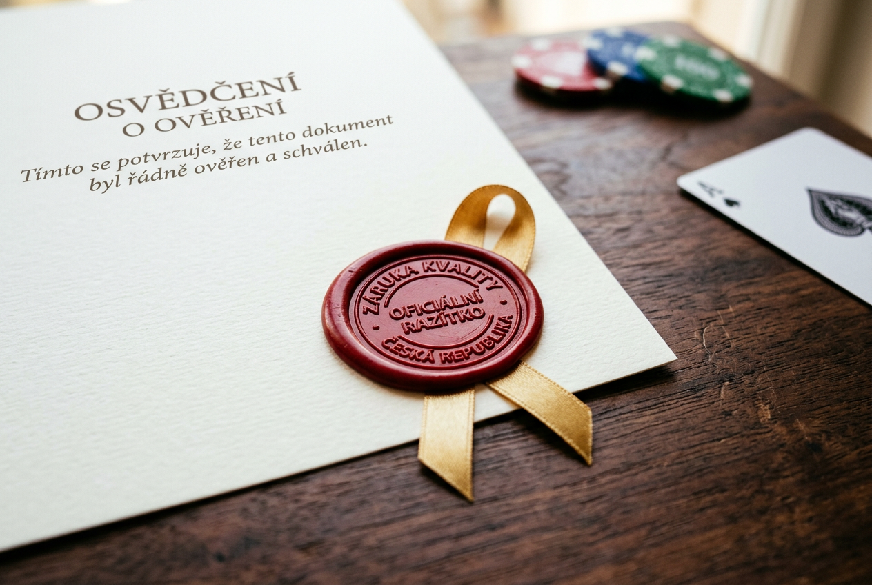 Zblízka zobrazená pečetní vosková pečeť na rohu certifikátu s rozmazaným pozadím kasinových žetonů